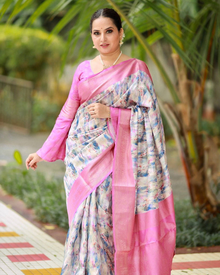 Elegant Pink Banarasi Silk Saree with Multicolor Floral Digital Print, Zari Weave Border & Tassels