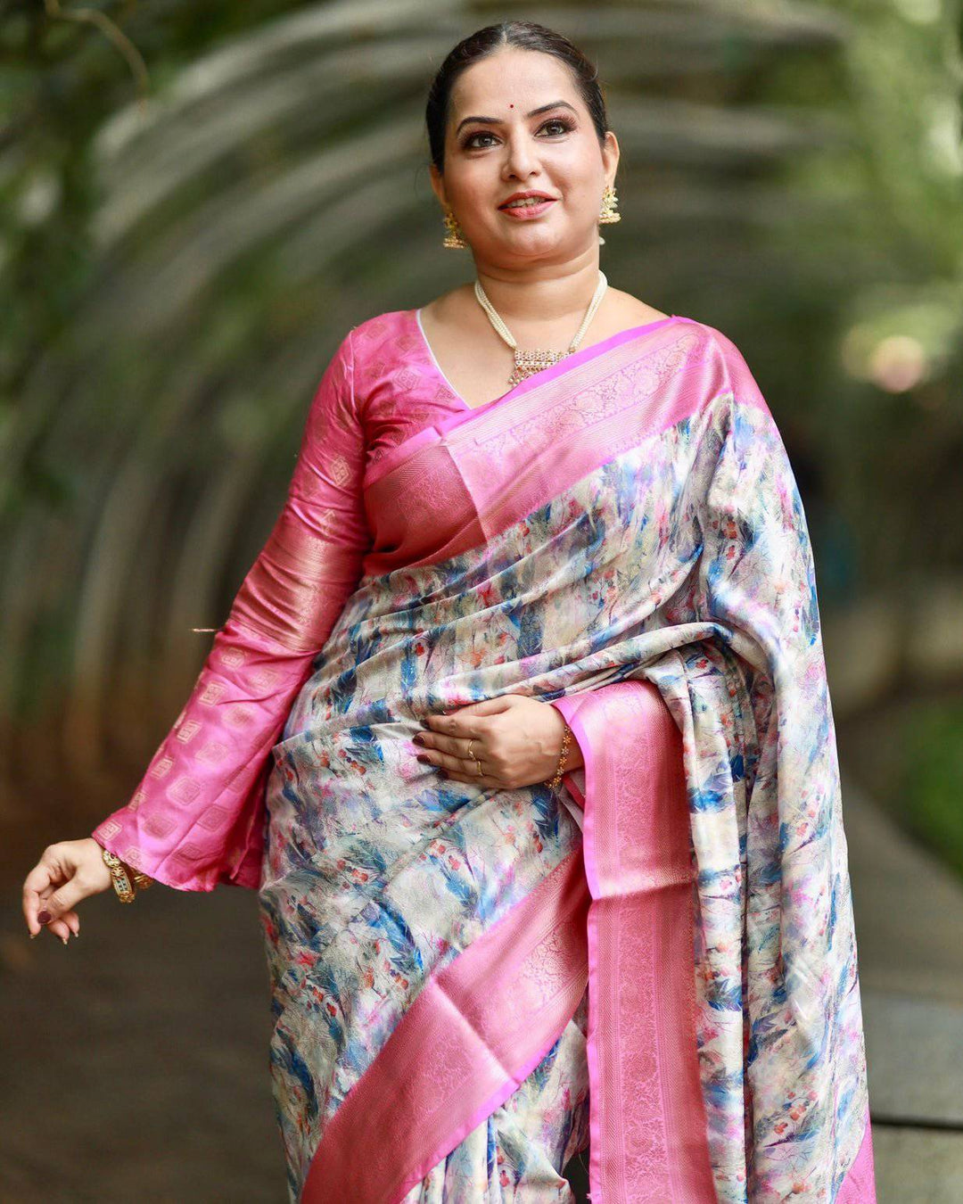 Elegant Pink Banarasi Silk Saree with Multicolor Floral Digital Print, Zari Weave Border & Tassels