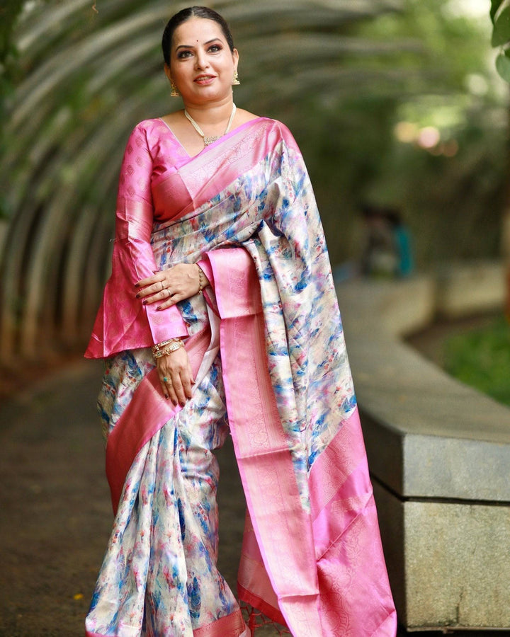 Elegant Pink Banarasi Silk Saree with Multicolor Floral Digital Print, Zari Weave Border & Tassels