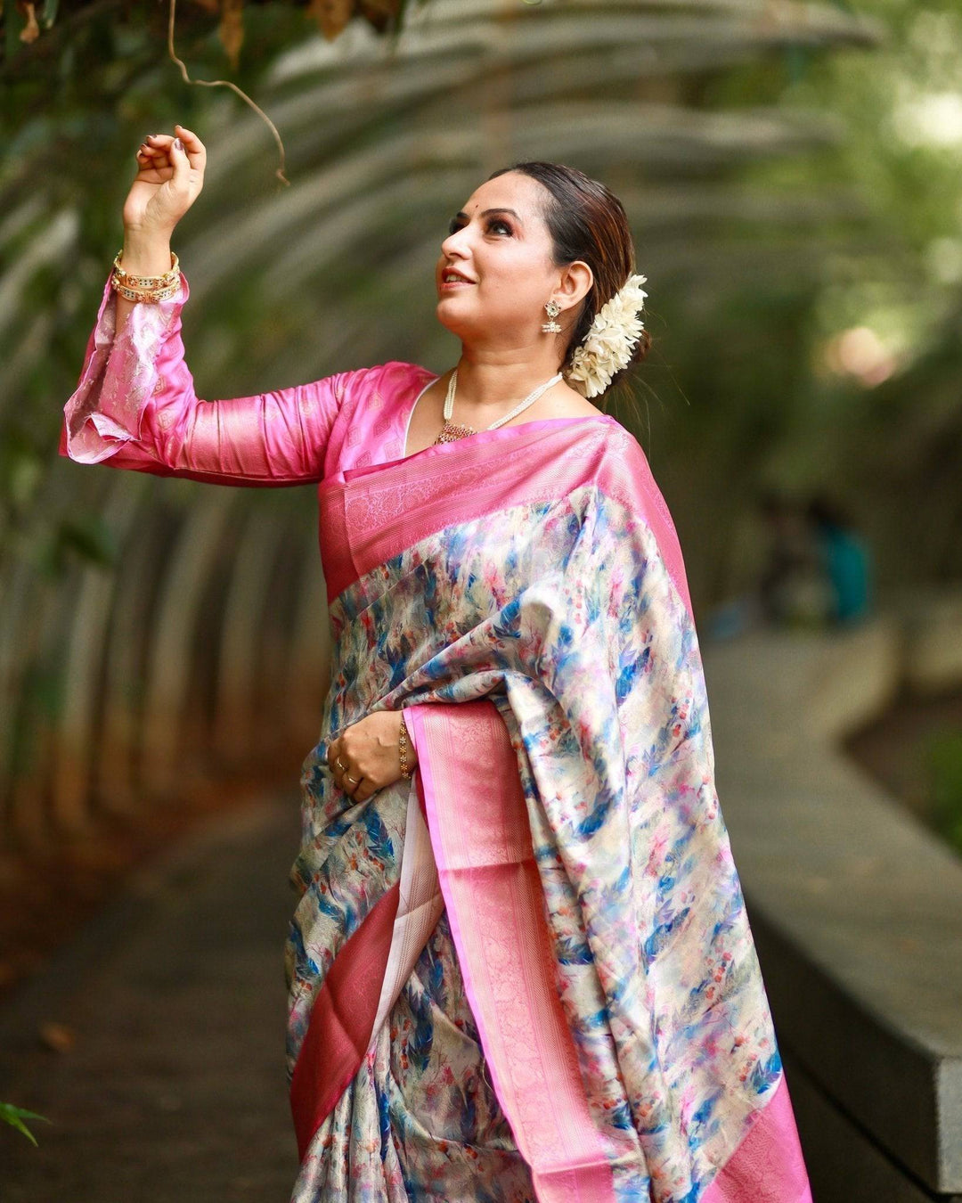 Elegant Pink Banarasi Silk Saree with Multicolor Floral Digital Print, Zari Weave Border & Tassels