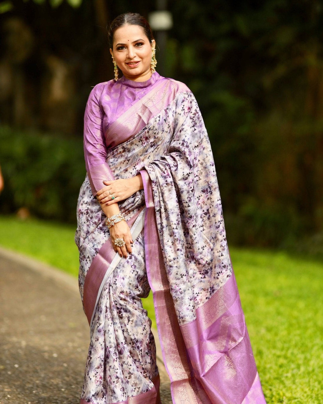 Lavender Banarasi Silk Saree with Delicate Floral Prints and Lustrous Zari Borders