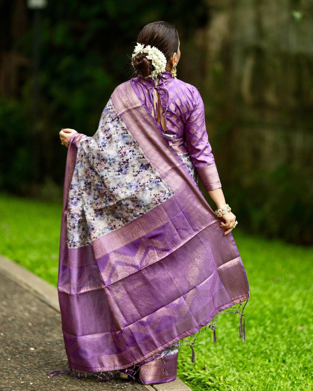 Lavender Banarasi Silk Saree with Delicate Floral Prints and Lustrous Zari Borders