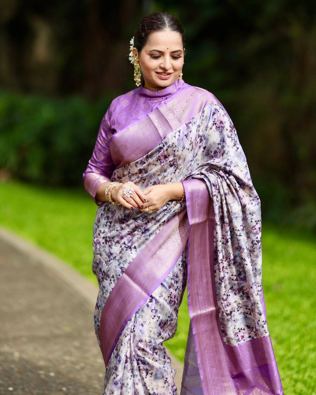 Lavender Banarasi Silk Saree with Delicate Floral Prints and Lustrous Zari Borders