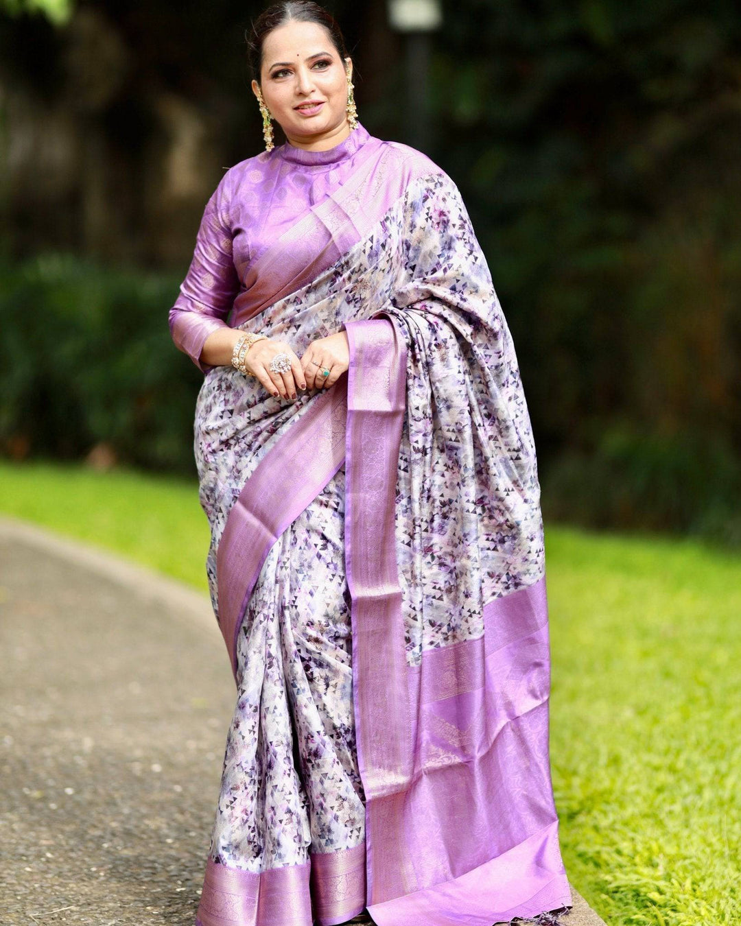 Lavender Banarasi Silk Saree with Delicate Floral Prints and Lustrous Zari Borders