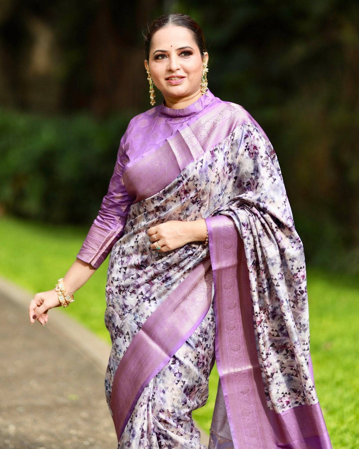 Lavender Banarasi Silk Saree with Delicate Floral Prints and Lustrous Zari Borders