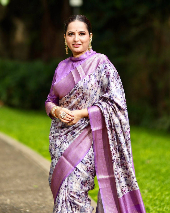 Lavender Banarasi Silk Saree with Delicate Floral Prints and Lustrous Zari Borders