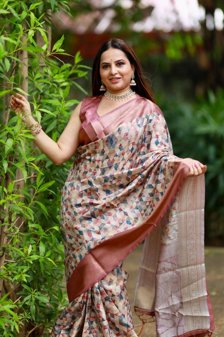 Elegant Banarasi Digital Printed Saree with Rose Gold Zari Border and Tassels