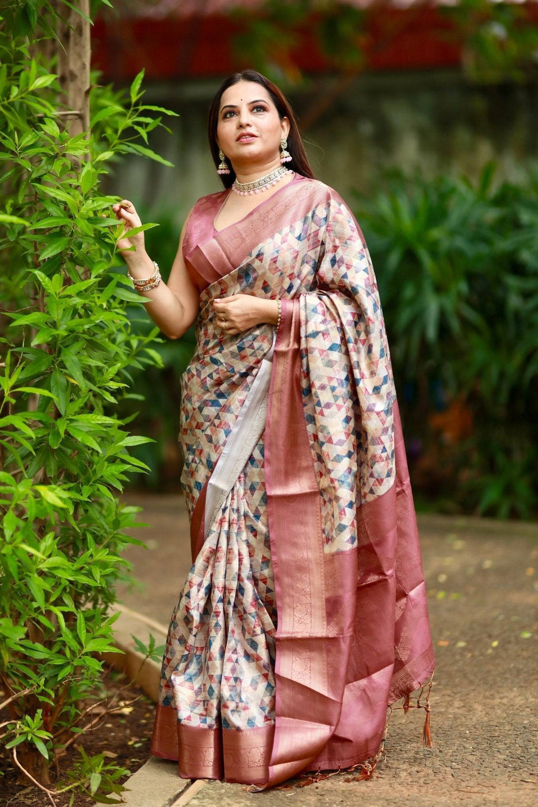 Elegant Banarasi Digital Printed Saree with Rose Gold Zari Border and Tassels