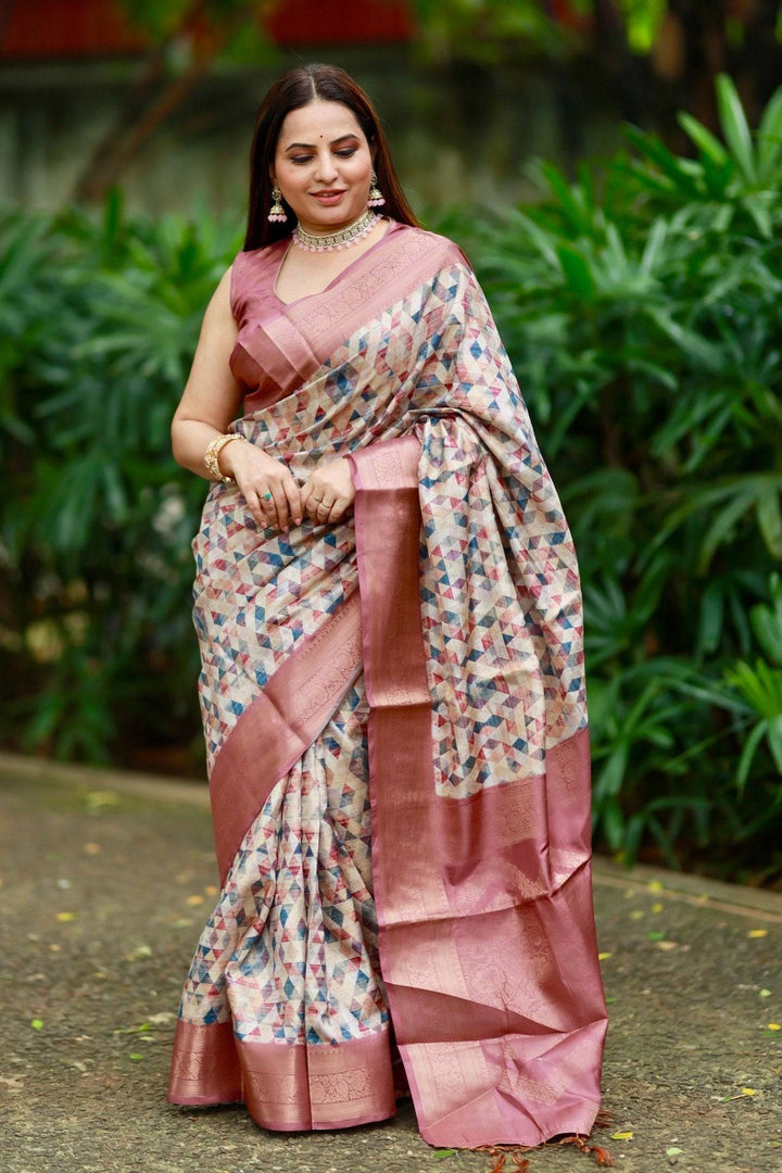 Elegant Banarasi Digital Printed Saree with Rose Gold Zari Border and Tassels