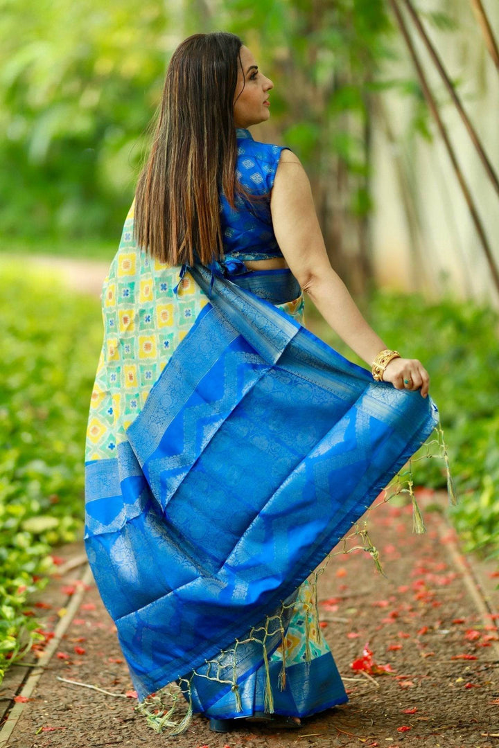 Vibrant Banarasi Digital Printed Saree with Royal Blue Zari Border