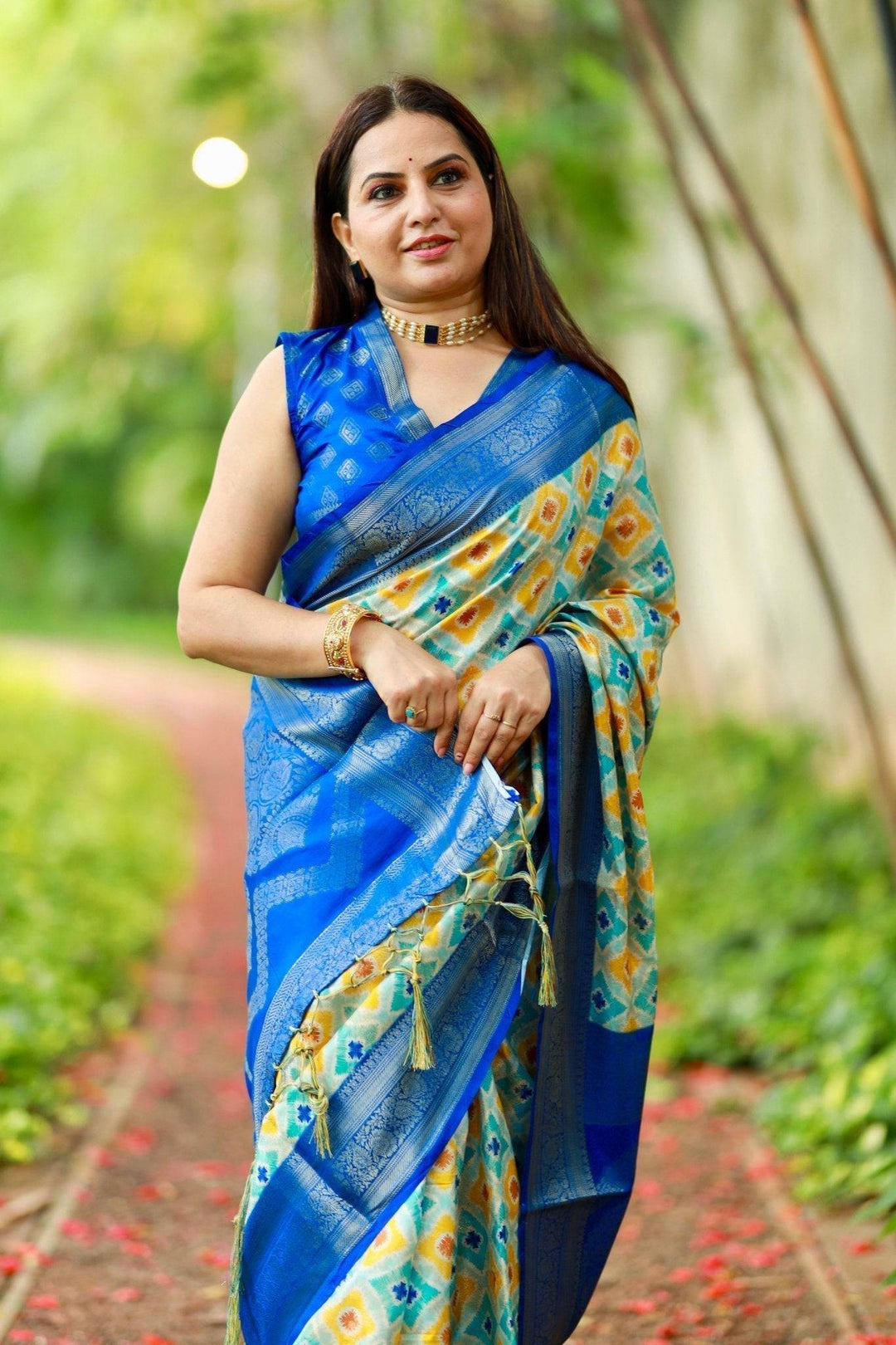 Vibrant Banarasi Digital Printed Saree with Royal Blue Zari Border