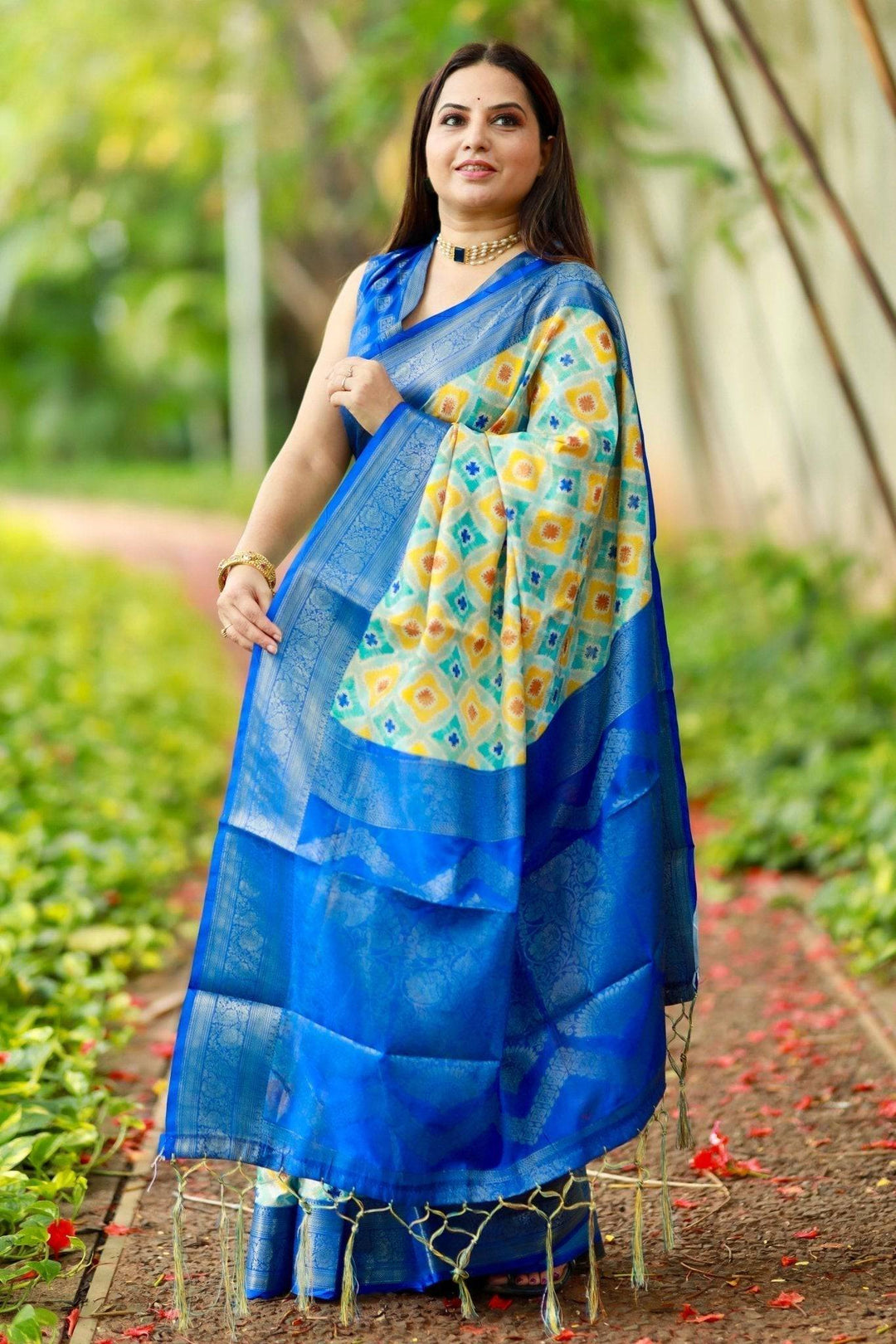 Vibrant Banarasi Digital Printed Saree with Royal Blue Zari Border