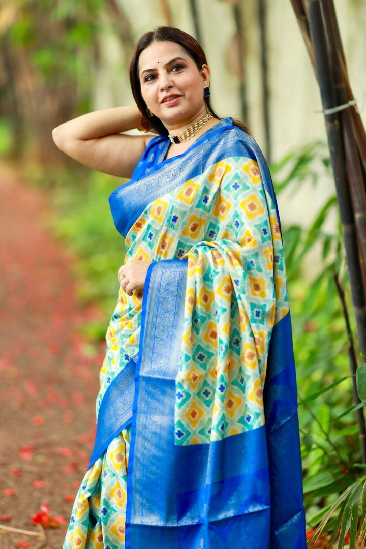 Vibrant Banarasi Digital Printed Saree with Royal Blue Zari Border