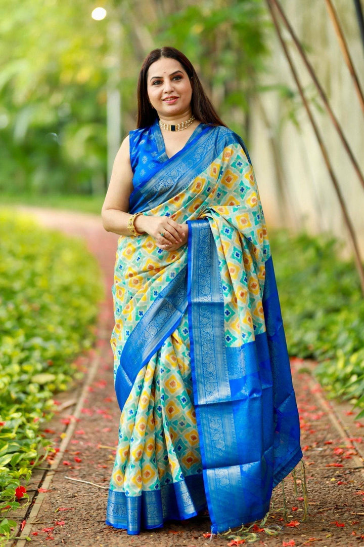 Vibrant Banarasi Digital Printed Saree with Royal Blue Zari Border