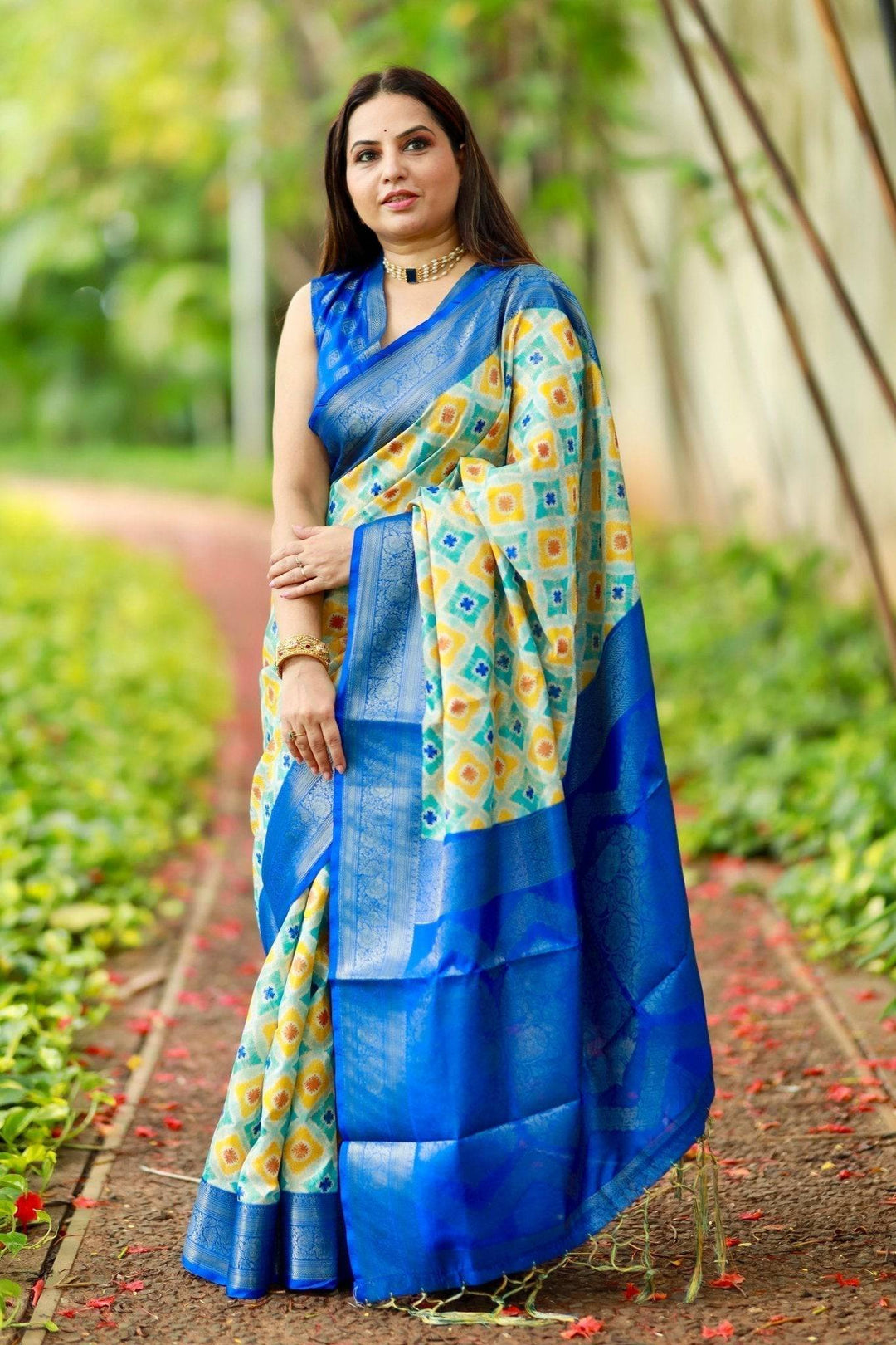 Vibrant Banarasi Digital Printed Saree with Royal Blue Zari Border