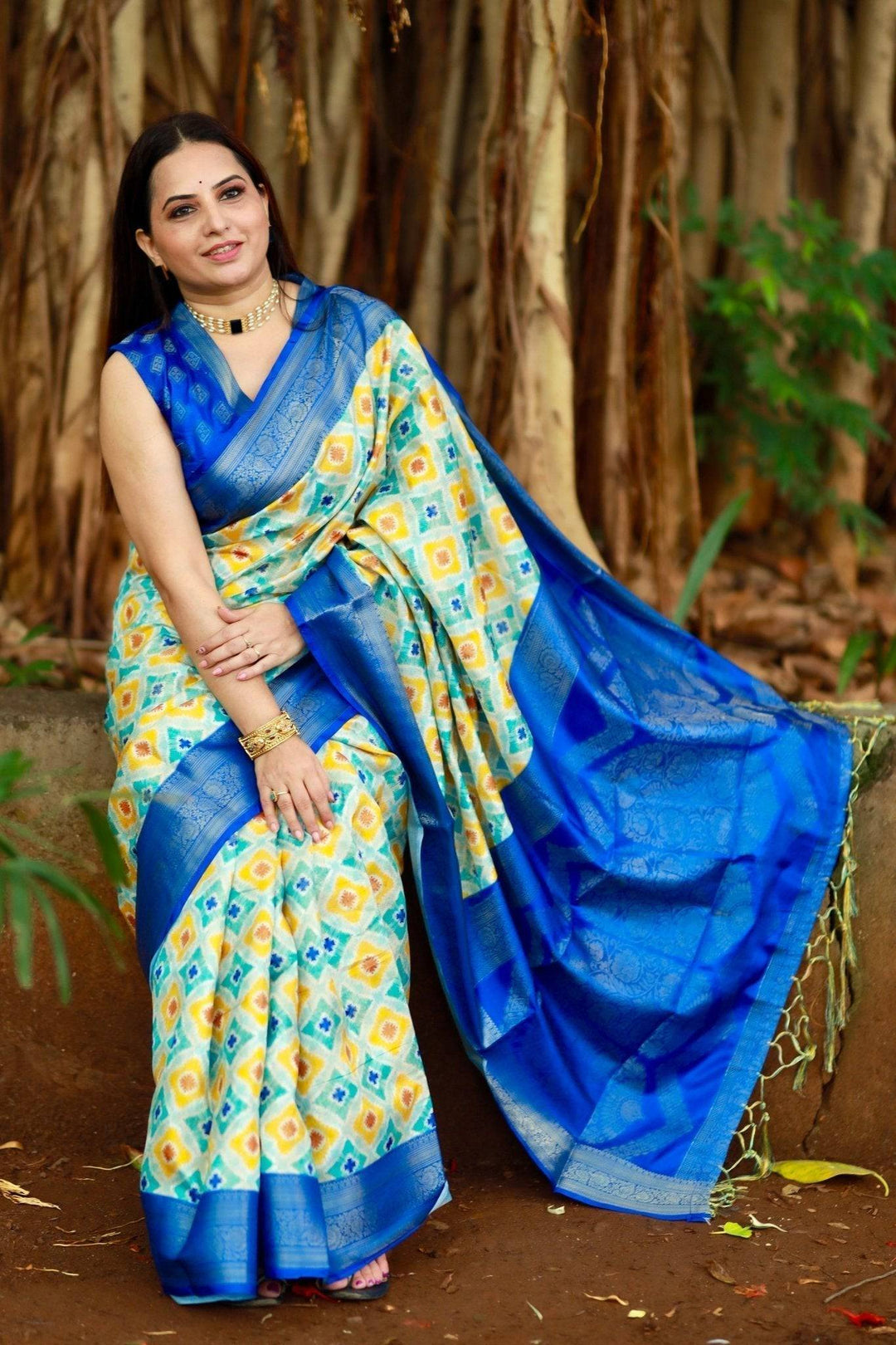 Vibrant Banarasi Digital Printed Saree with Royal Blue Zari Border