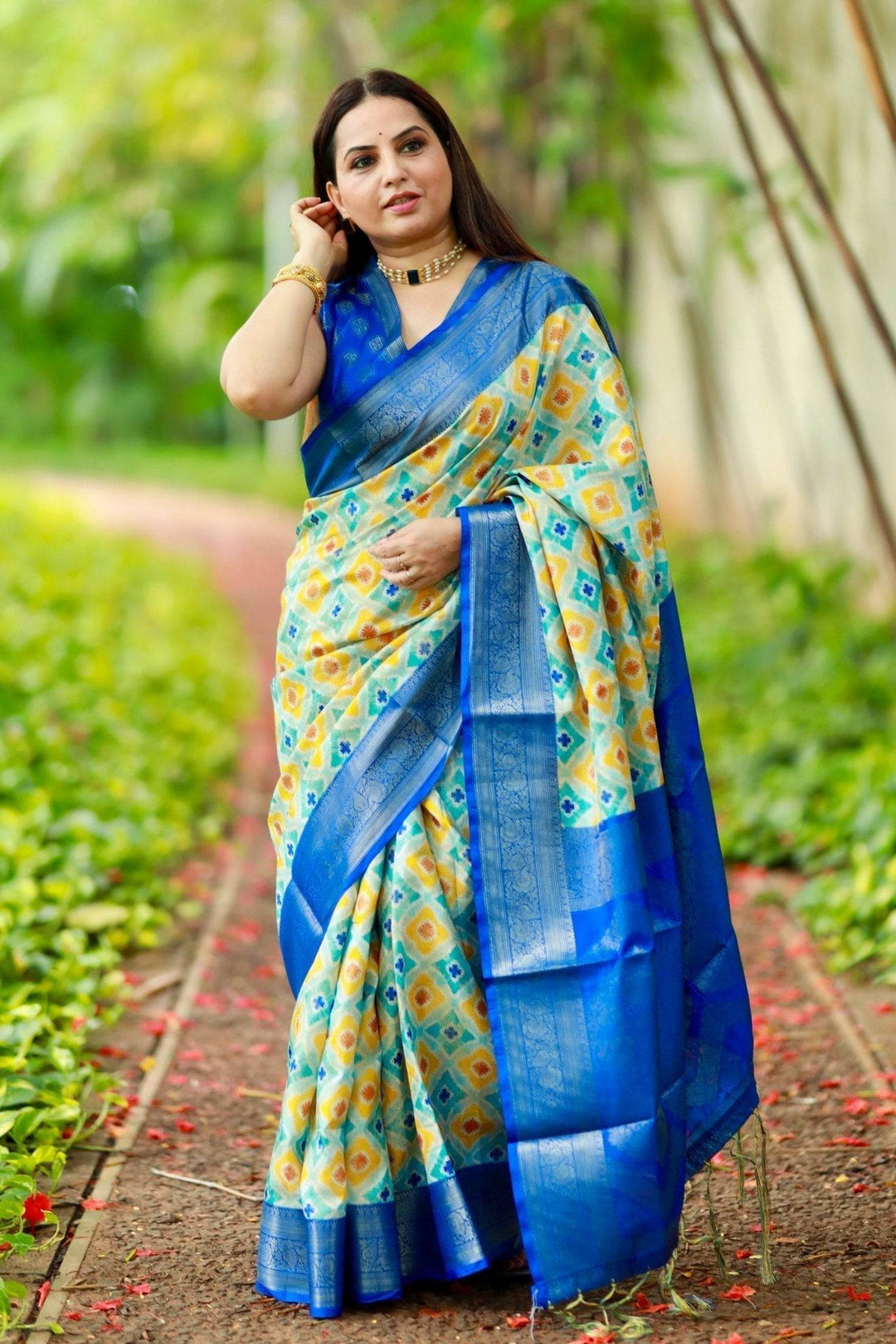 Vibrant Banarasi Digital Printed Saree with Royal Blue Zari Border