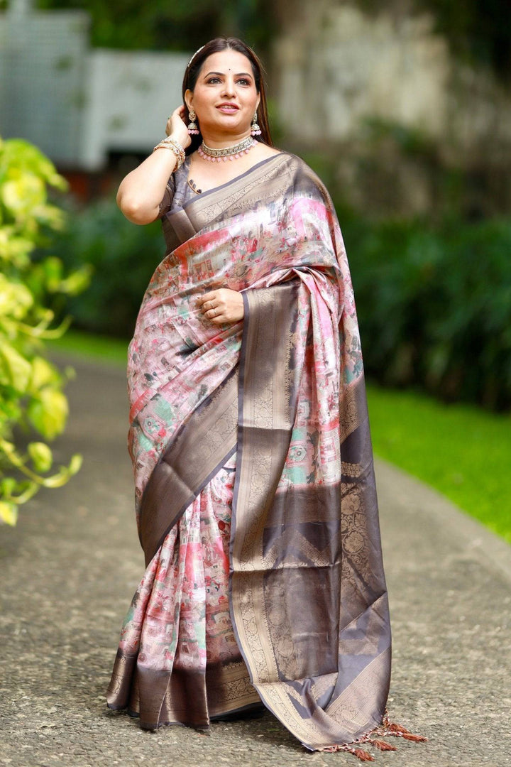 Luxurious Multicolor Geometric Silk Saree with Rose Gold Zari Border