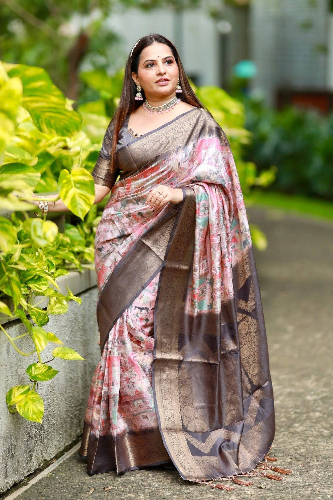 Luxurious Multicolor Geometric Silk Saree with Rose Gold Zari Border