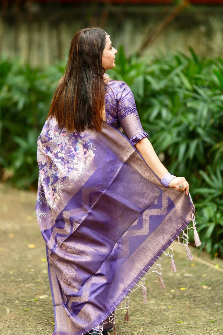 Regal Purple Banarasi Silk Saree with Floral Motifs and Elegant Tassels