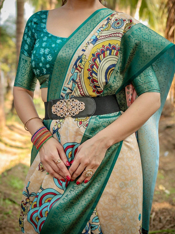 Elegant Tussar Silk Saree in Beige and Coral with Madhubani Pallu and Zari Accents