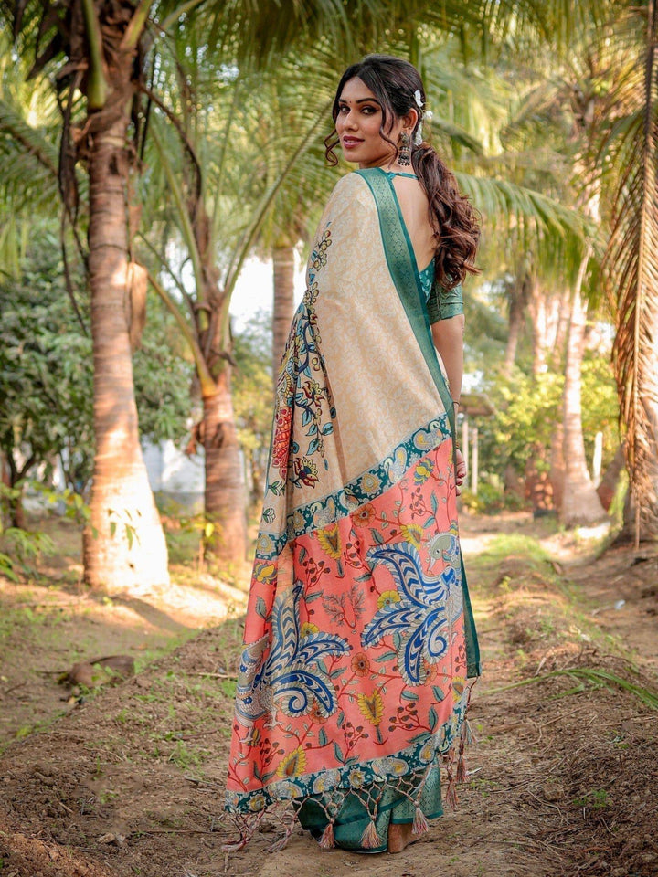 Elegant Tussar Silk Saree in Beige and Coral with Madhubani Pallu and Zari Accents