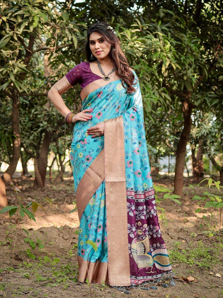 Aqua Blue Tussar Silk Saree with Floral Vine Design and Gold Zari Border