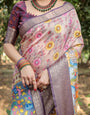 Pastel Beige Tussar Silk Saree with Vibrant Floral Motifs and Zari Border