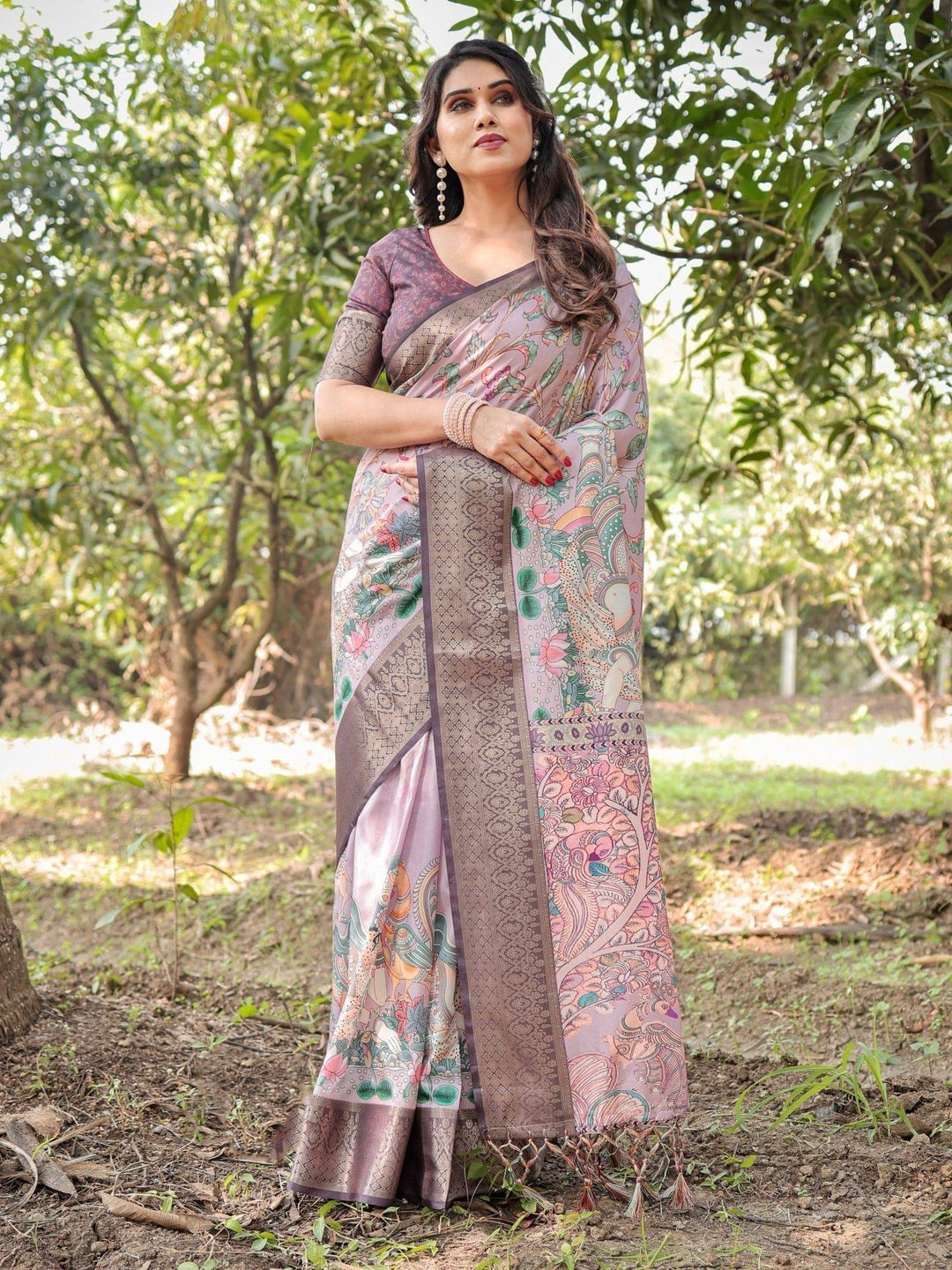 Lilac and Purple Digital Print Tussar Silk Saree with Zari Diamond Border and Lotus Motif Pallu