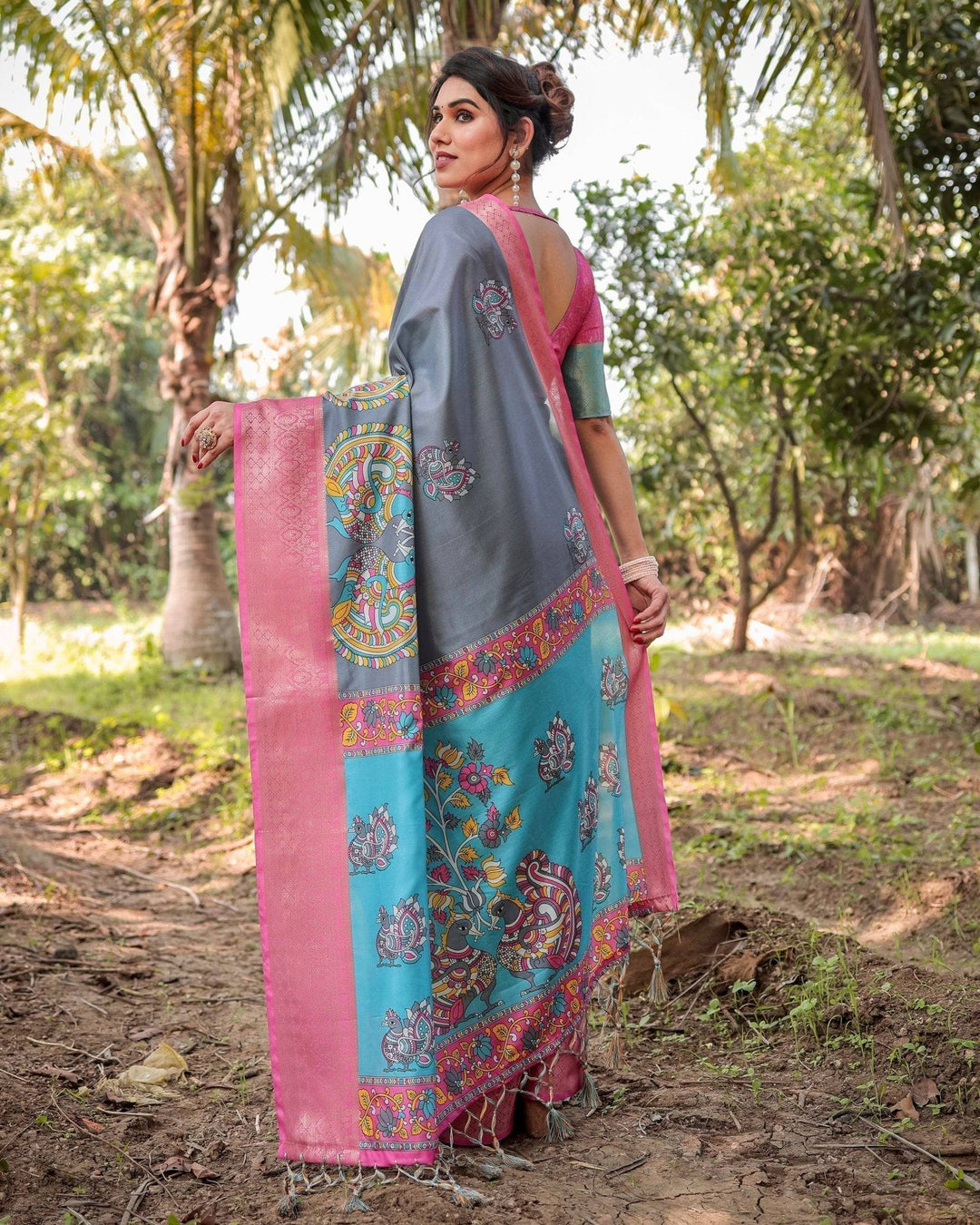 Pastel Grey and Turquoise Digital Print Tussar Silk Saree with Pink Zari Border and Peacock Motif Pallu