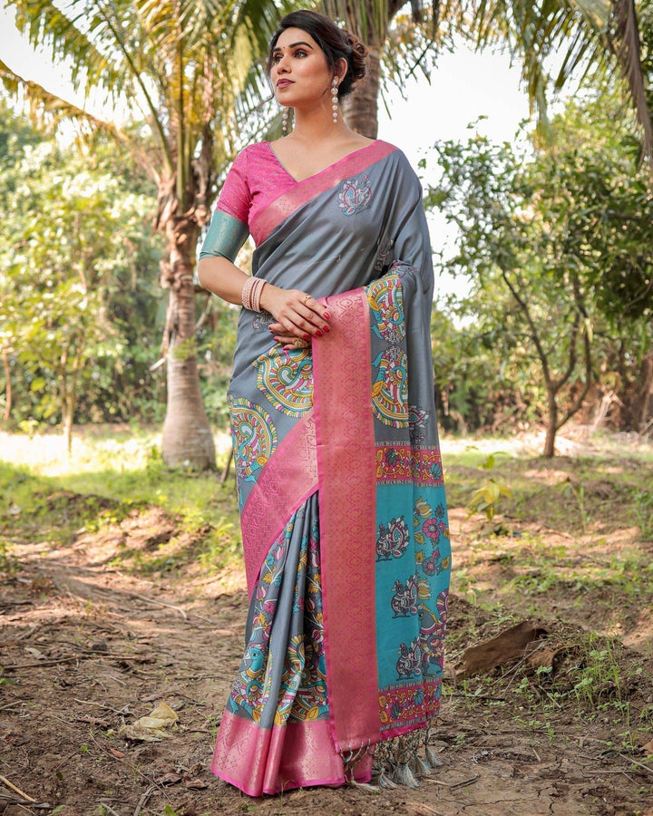 Pastel Grey and Turquoise Digital Print Tussar Silk Saree with Pink Zari Border and Peacock Motif Pallu