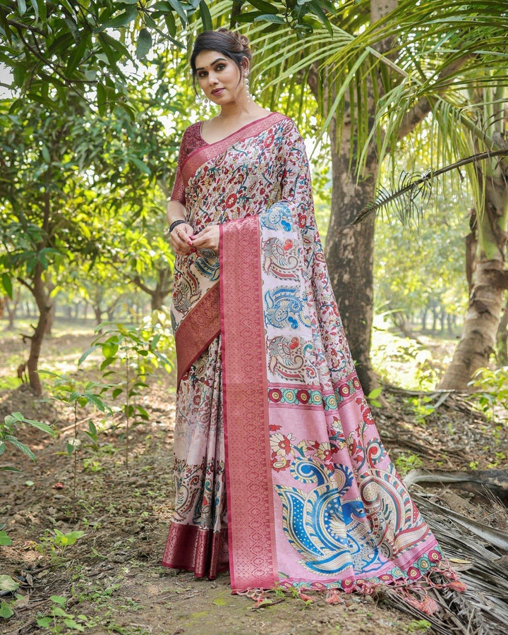 Blush Pink Digital Print Tussar Silk Saree with Zari Border and Peacock Motif Pallu