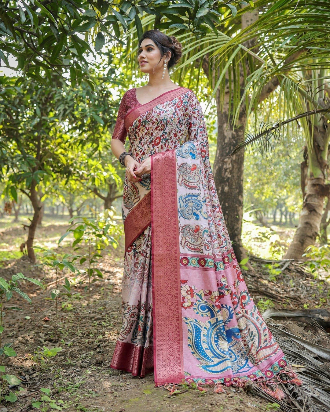 Blush Pink Digital Print Tussar Silk Saree with Zari Border and Peacock Motif Pallu