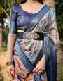 Sky Blue and Navy Digital Print Tussar Silk Saree with Zari Woven Border and Floral Motif Pallu