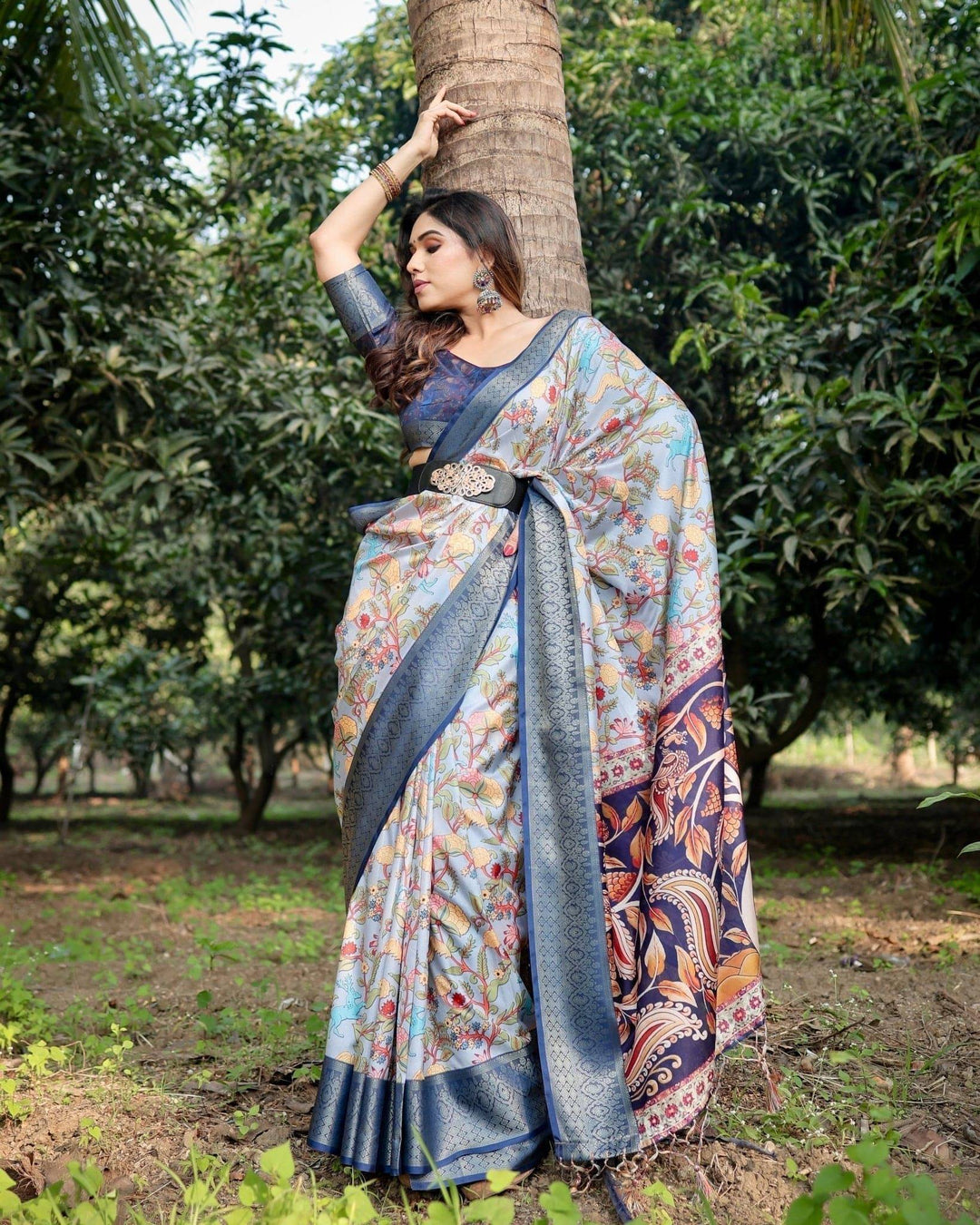 Sky Blue and Navy Digital Print Tussar Silk Saree with Zari Woven Border and Floral Motif Pallu