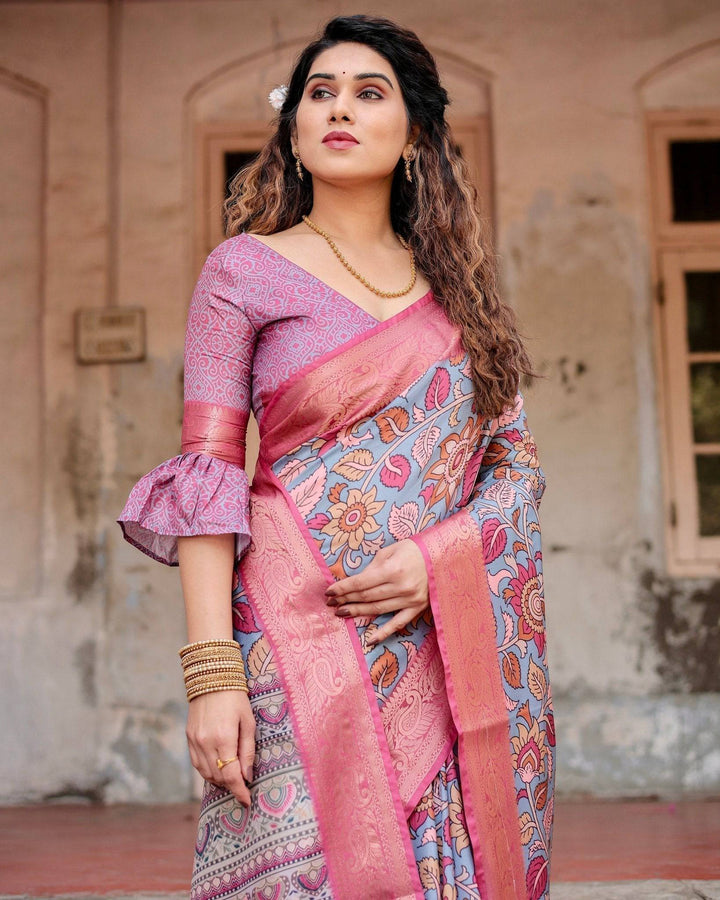 Graceful Grey Tussar Silk Saree with Pink Zari Border and Intricate Floral Motifs