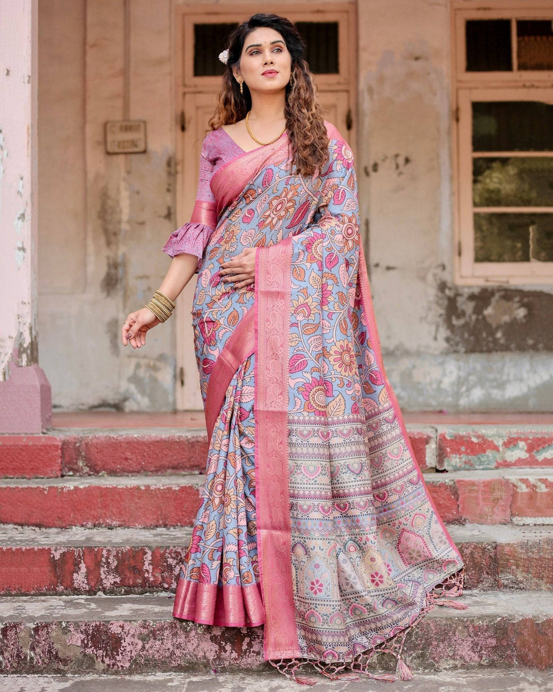 Graceful Grey Tussar Silk Saree with Pink Zari Border and Intricate Floral Motifs