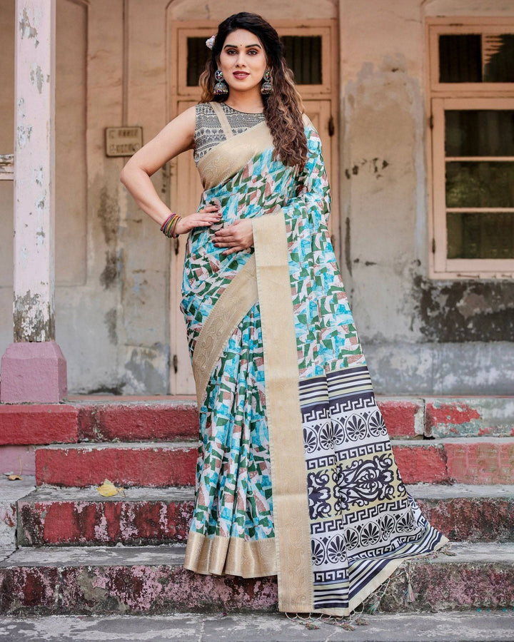 Contemporary Abstract Print Saree with Gold Border and Monochrome Patterned Pallu