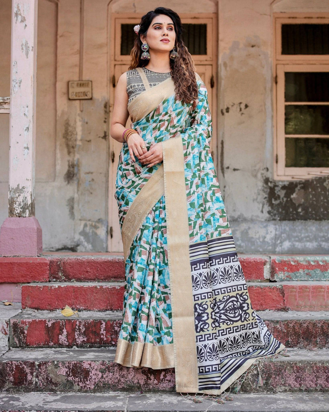 Contemporary Abstract Print Saree with Gold Border and Monochrome Patterned Pallu