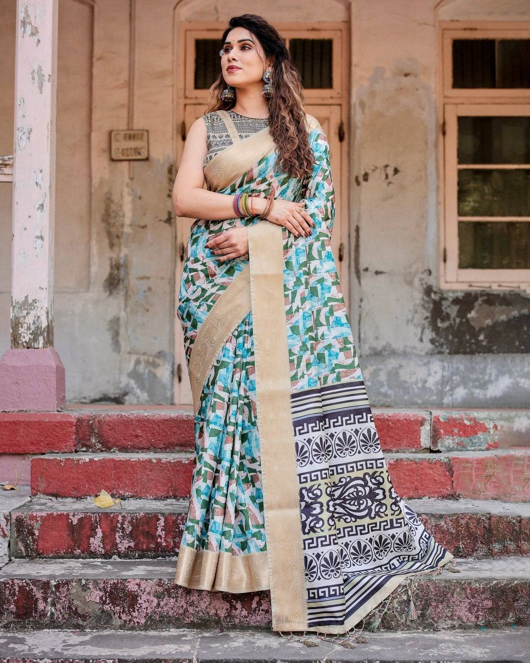 Contemporary Abstract Print Saree with Gold Border and Monochrome Patterned Pallu