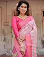 Pink and Ivory Tussar Silk Saree with Golden Zari Border and Majestic Elephant Motif Pallu