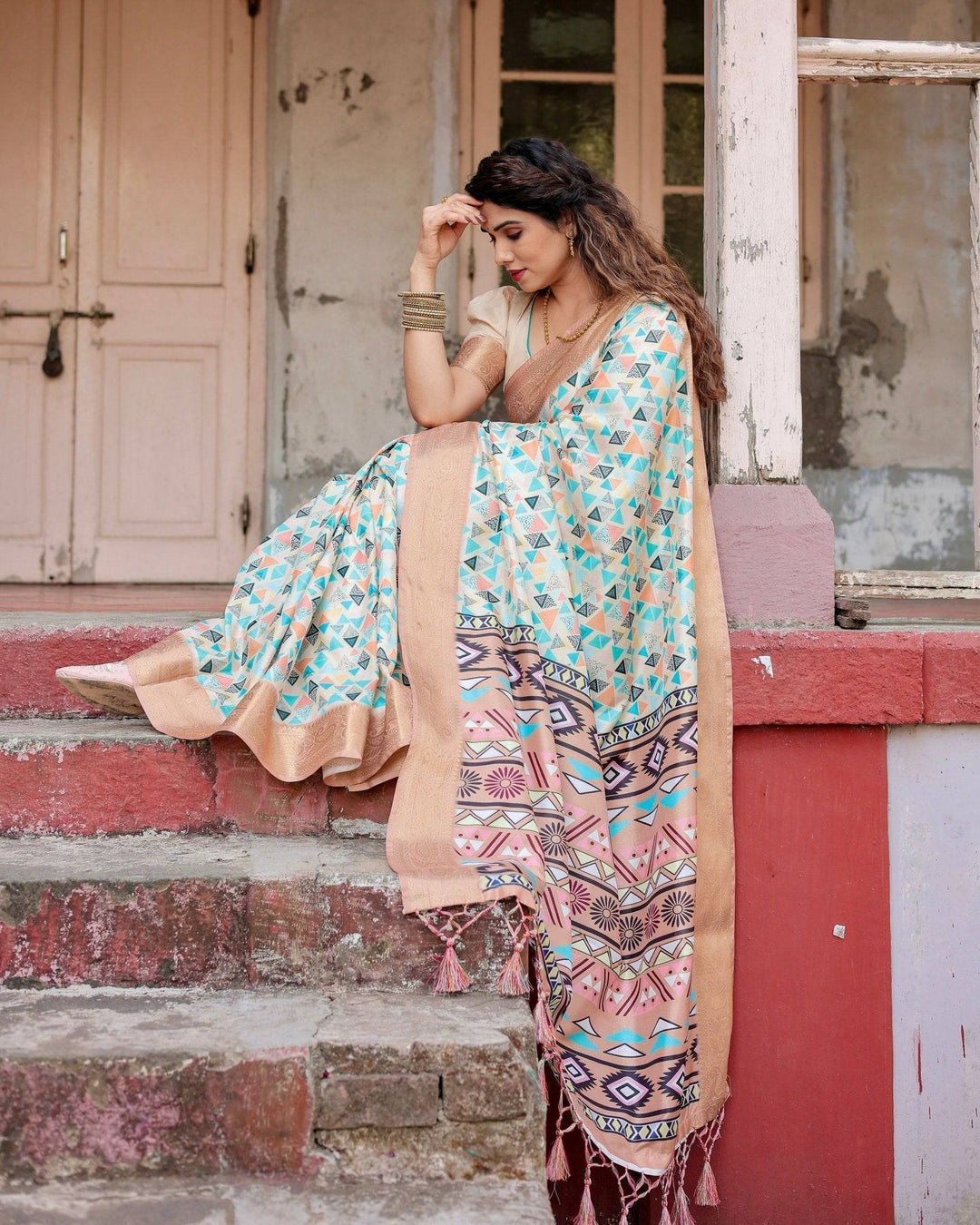 Contemporary Beige Tussar Silk Saree with Geometric Triangle Print and Golden Zari Border