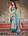 Majestic Blue and Green Digital Print Saree with Intricate Floral Motifs and Contrasting Pallu