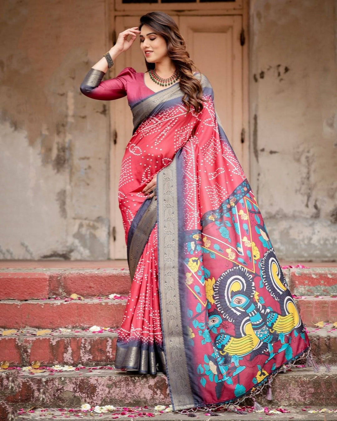 Crimson Red Tussar Silk Saree with Bandhani Patterns, Zari Border, and Vibrant Artistic Pallu