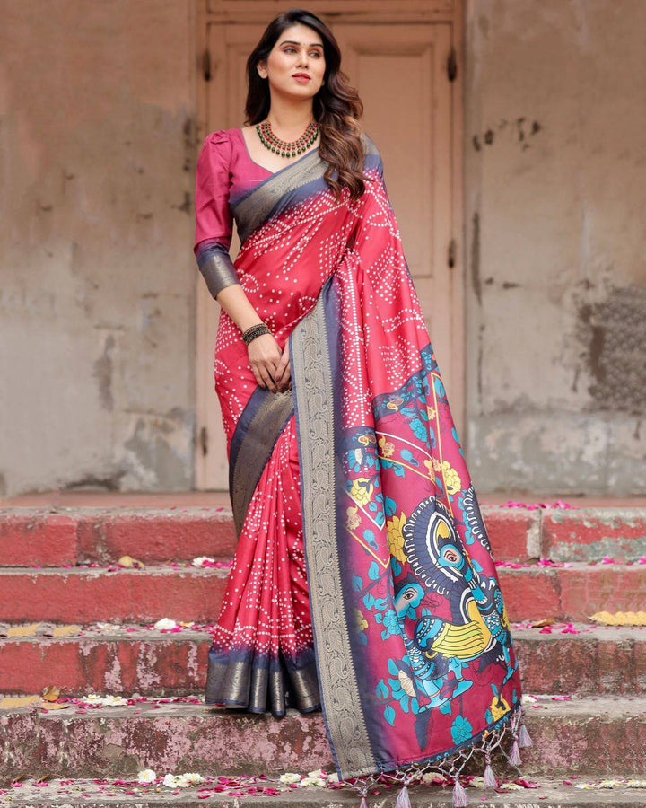 Crimson Red Tussar Silk Saree with Bandhani Patterns, Zari Border, and Vibrant Artistic Pallu