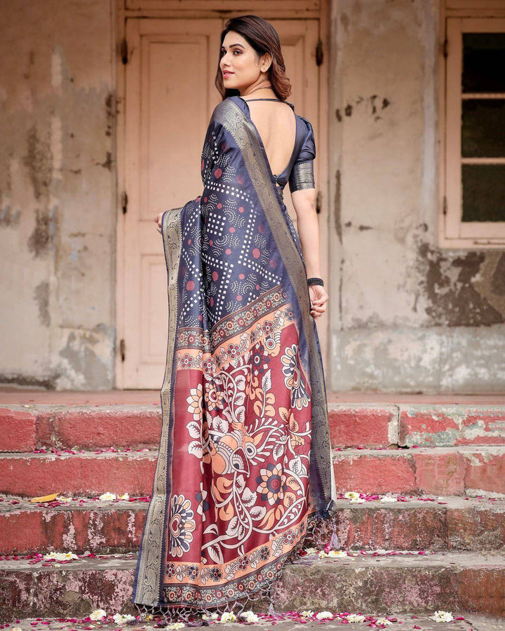 Navy Blue Tussar Silk Saree with Geometric Patterns, Zari Border, and Vibrant Pallu