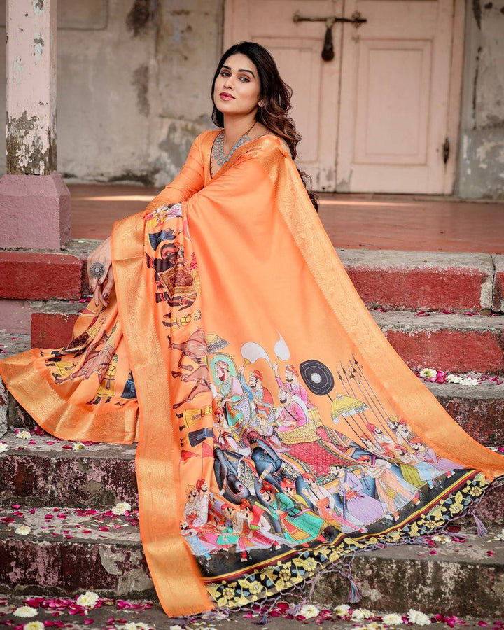 Sunset Orange Tussar Silk Saree with Royal Procession Pallu and Zari Border