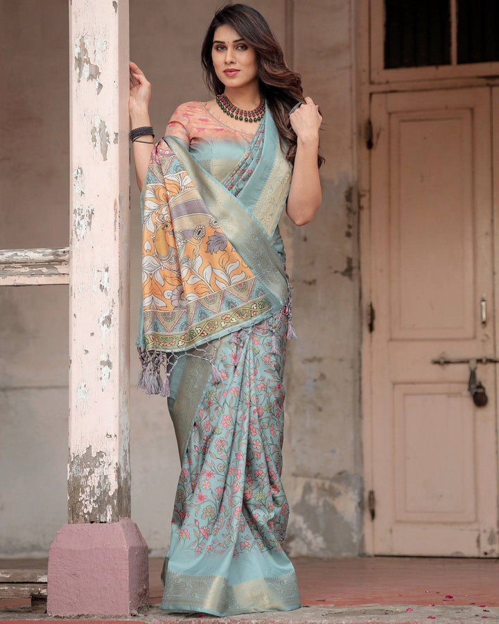 Sky Blue Tussar Silk Saree with Intricate Zari Border and Artistic Pallu Design