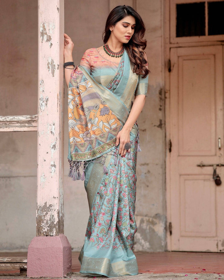 Sky Blue Tussar Silk Saree with Intricate Zari Border and Artistic Pallu Design