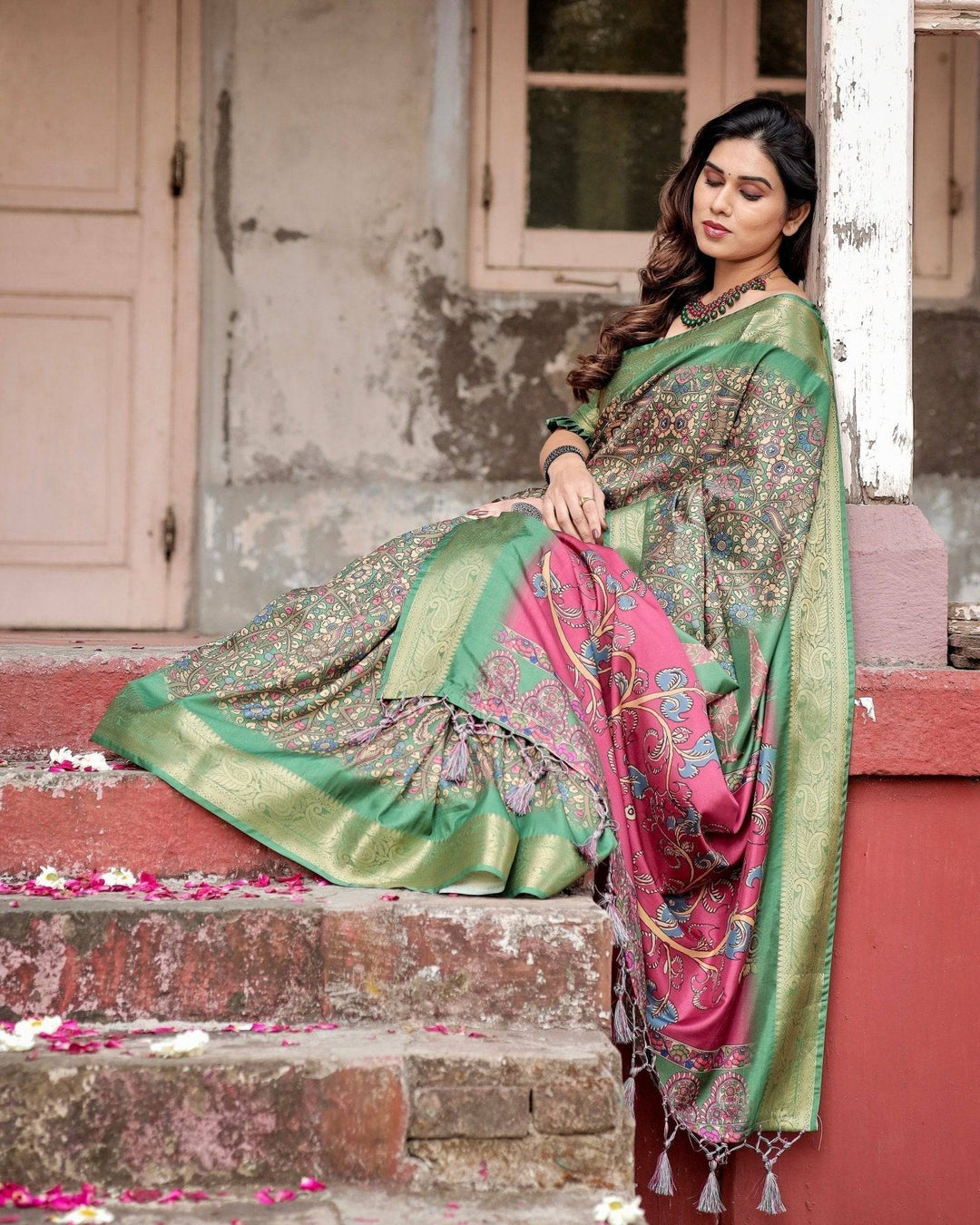 Emerald Green & Magenta Tussar Silk Saree with Zari Weave and Tassel Finish